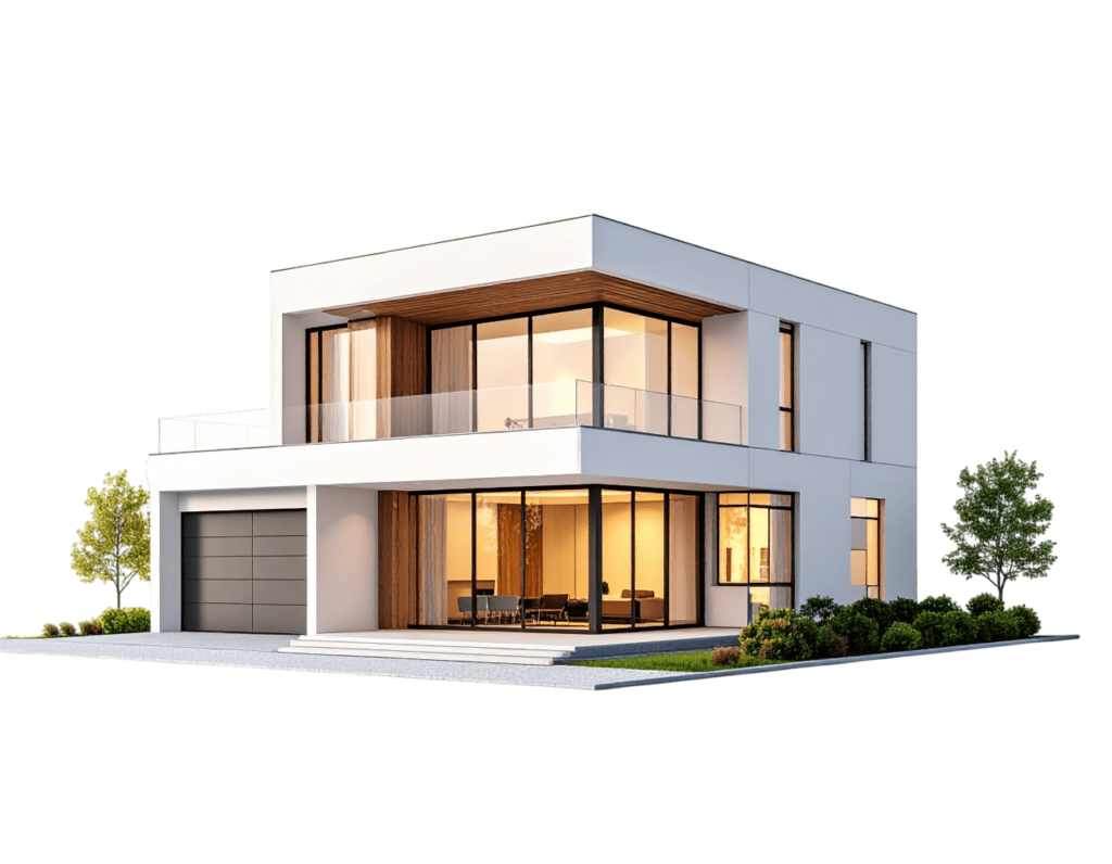 Render moderno de casa minimalista de dos pisos con grandes ventanales, ideal para representar planos de casas contemporáneas.