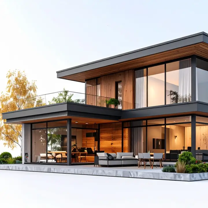 Fachada moderna de dos pisos con grandes ventanales – planos de casas modernas