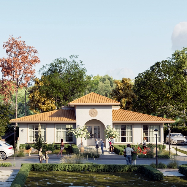 Render arquitectónico de los planos de casa de un piso con techo a cuatro aguas, estilo clásico y entorno arbolado