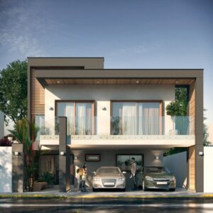 Fachada de los Planos de casa moderna caoba de dos pisos con cochera doble del proyecto