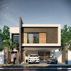 Fachada principal de los planos de casa moderna Fresno, diseño moderno minimalista con cochera doble.