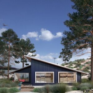 Vista frontal de los planos de casa de campo mar, diseño contemporáneo, rodeada de pinos y vegetación.