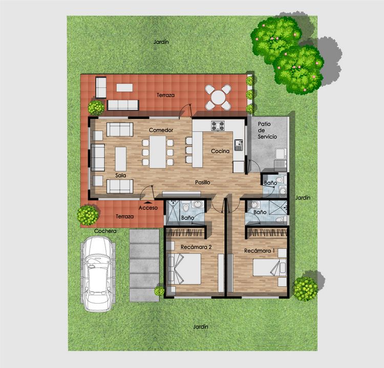 Distribución detallada de los planos de casa de campo mar. planos de casa de campo mar contemporánea con dos dormitorios, sala, cocina, comedor, dos baños, terraza y cochera.