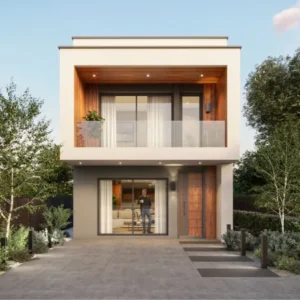 Render frontal de la casa moderna diseñada con los planos de casa pequeña abedul.