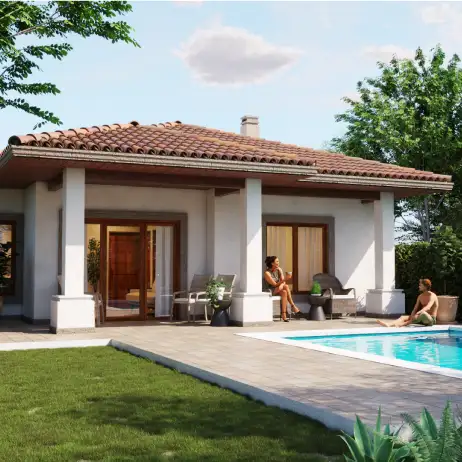 Planos de casa pequeña ciruelos: Espacios para disfrutar. Vista de la fachada de los planos de casa pequeña ciruelos con personas, mostrando el uso del espacio exterior.