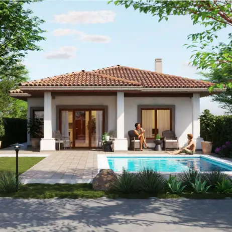 Fachada de los planos de casa pequeña ciruelos. Vista frontal completa de los planos de casa pequeña ciruelos, mostrando la casa, el jardín y la alberca.