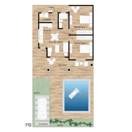 Distribución de planta baja de los planos de casa pequeña ciruelos. Plano de planta baja de los planos de casa pequeña ciruelos que muestra la distribución interior.