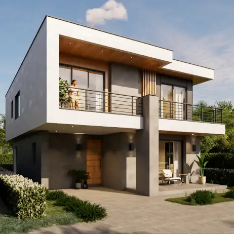Fachada Frontal de los Planos de casa moderna morocco (10x20m) Vista de la fachada principal de los Planos de casa moderna morocco, mostrando el diseño contemporáneo, el balcón del segundo piso y el acabado en colores neutros.