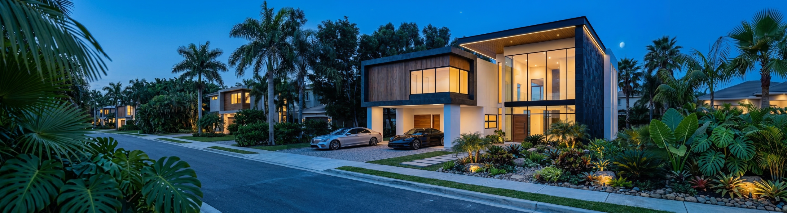 Fachada de residencia de lujo con grandes ventanales, iluminación cálida y jardín tropical inspirada en planos de casa moderna.