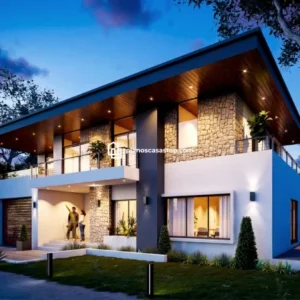 Fachada de renders inspirados en planos de casa moderna de 2 pisos 15x20 con revestimiento de piedra, madera y amplios balcones.