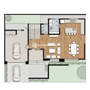 Planos de casa moderna de 2 pisos 15x20 con garaje doble, cocina abierta, sala amplia y jardines perimetrales integrados.