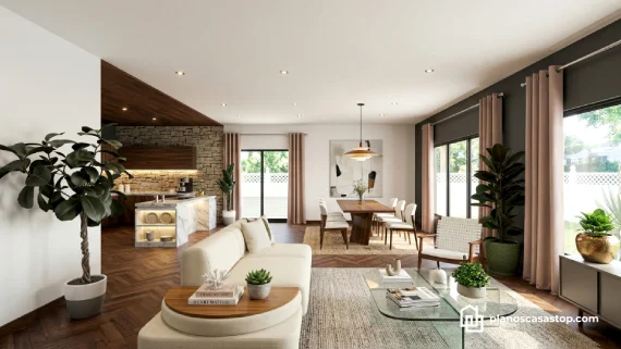 Interiorismo sofisticado para planos de casa moderna de 2 pisos 15x20 con acabados en madera, mármol y amplios ventanales.