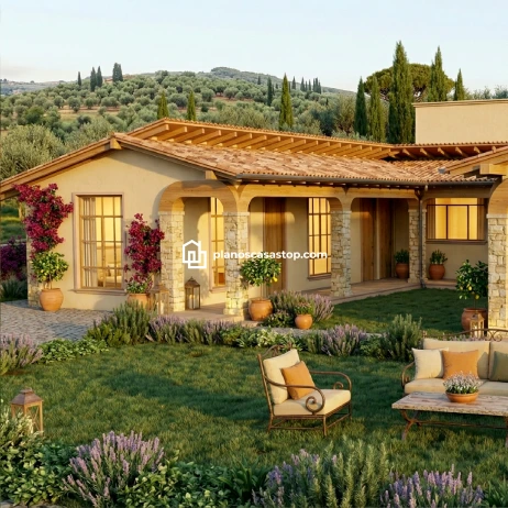 Planos de casa colonial cedros: Elegancia y Confort Rural Fachada de diseño rústico con tejas y piedra según los Planos de casa colonial cedros, rodeada de jardines y olivos.