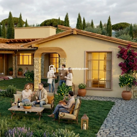 Planos de casa colonial cedros: Elegancia y Confort Fachada rústica con techos de teja y patio central basada en los mejores Planos de casa colonial cedros para familias.