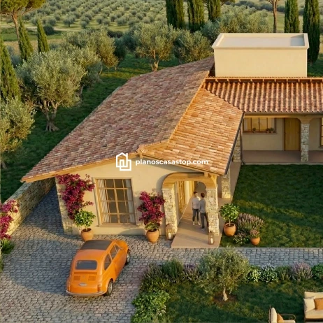 Planos de casa colonial cedros: Diseño Rústico Elegante Planos de casa colonial cedros con tejado de arcilla roja, acabados en piedra natural y un jardín con olivos.