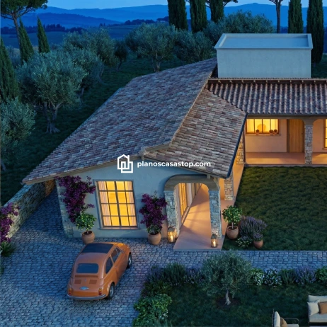 Planos de Casa Colonial Cedros: Diseño y Elegancia Rural Render exterior de planos de casa colonial cedros con techos de teja, fachadas de piedra y entrada iluminada al atardecer.