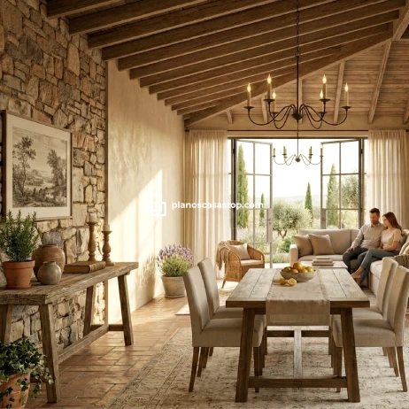 Planos de casa colonial cedros: Elegancia y Confort Rústico Interior rústico con techos de madera y muros de piedra según los Planos de casa colonial cedros con vista al jardín.