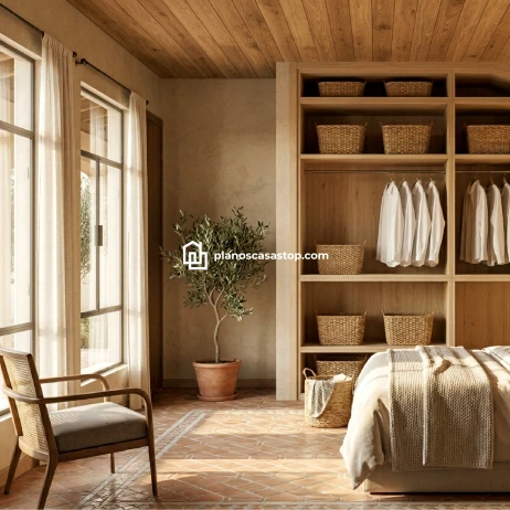 Diseño y Planos de Casa Colonial Cedros: Dormitorio Rústico Dormitorio rústico con techos de madera y armarios abiertos integrados en los planos de casa colonial cedros con luz natural.