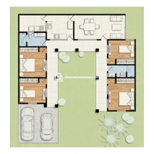 Planos de casa colonial cedros con patio central, cuatro dormitorios, dos baños, cochera doble y pisos de madera laminada.