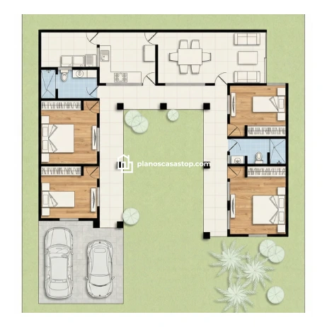 Planos de casa colonial cedros: Diseño en U con patio Planos de casa colonial cedros con patio central, cuatro dormitorios, dos baños, cochera doble y pisos de madera laminada.