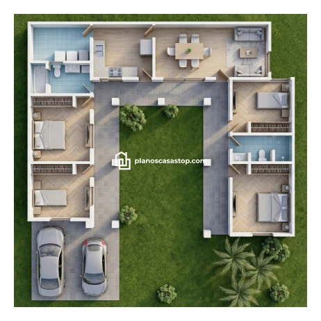 Mejores Planos de Casa Colonial Cedros con Patio Central Vista aérea de planos de casa colonial cedros con diseño en U, patio central, cuatro dormitorios y cochera doble.