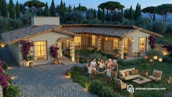 Fachada de casa colonial con tejas y piedra, ideal para planos de casa colonial cedros en un entorno campestre iluminado.