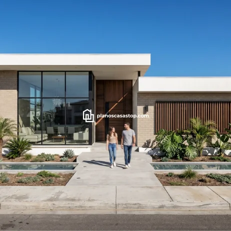 Planos de casa de 1 piso moderna con estilo minimalista Fachada moderna con grandes ventanales y madera, ideal para planos de casa de 1 piso con diseño contemporáneo y jardines.