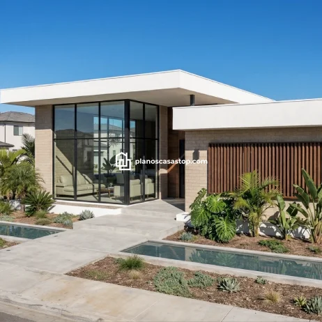 Modernos Planos de Casa de 1 Piso con Estilo Minimalista Fachada moderna de una vivienda minimalista con grandes ventanales y jardines, ideal para planos de casa de 1 piso contemporáneos.