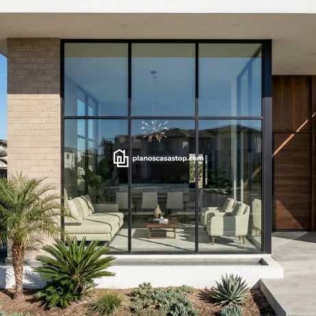Modernos planos de casa de 1 piso con fachada de cristal Diseño de planos de casa de 1 piso con grandes ventanales de vidrio, muros de ladrillo claro y jardín minimalista moderno.
