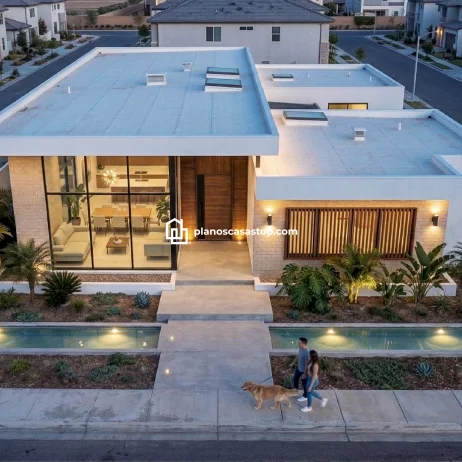 Mejores planos de casa de 1 piso: Diseño Moderno y Lujo Fachada moderna de casa de un nivel con ventanales amplios y acabados en piedra, ideal para planos de casa de 1 piso modernos.