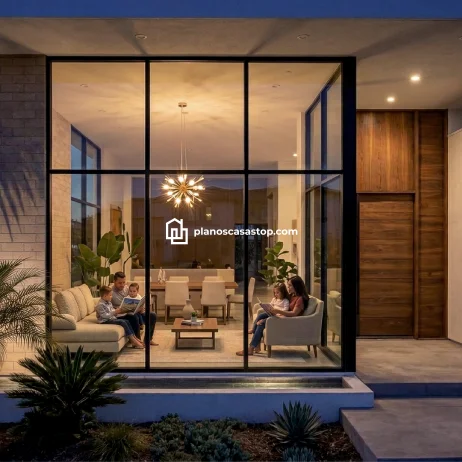 Diseños y Planos de Casa de 1 Piso: Estilo Moderno y Lujo Fachada moderna de planos de casa de 1 piso con grandes ventanales de vidrio, iluminación cálida y acabados en piedra y madera.