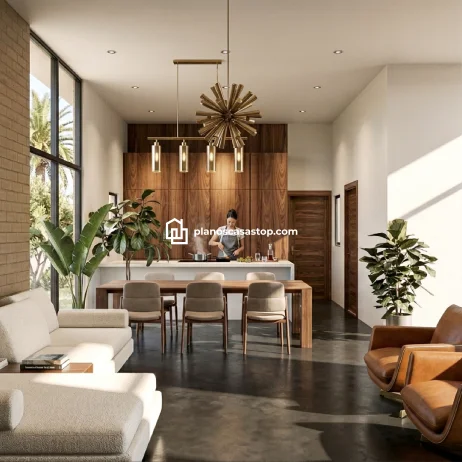 Planos de casa de 1 piso: Diseño Interior y Modernidad Interior moderno de cocina y sala integradas según planos de casa de 1 piso con acabados en madera y luz natural.