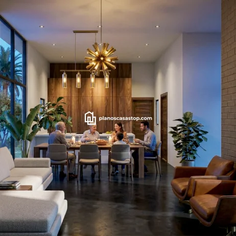 Planos de Casa de 1 Piso: Diseño Moderno y Espacios Abiertos Comedor moderno en planos de casa de 1 piso con familia cenando, acabados en madera, lámparas de diseño y grandes ventanales.