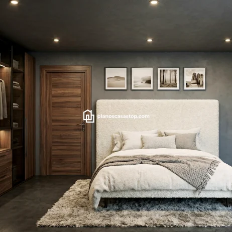 Dormitorio Moderno: Planos de Casa de 1 Piso Elegante Dormitorio moderno en planos de casa de 1 piso con puerta de madera, paredes grises y cama con cabecero acolchado blanco.