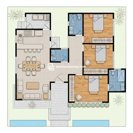 Mejores Planos de Casa de 1 Piso Modernos y Funcionales Planos de casa de 1 piso con 3 dormitorios, cocina abierta y sala de estar espaciosa en diseño arquitectónico moderno.