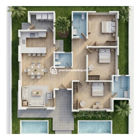 Planos de casa de 1 piso moderna con 3 dormitorios y piscina Vista 3D de modernos planos de casa de 1 piso con tres dormitorios, cocina abierta, áreas sociales amplias y piscina exterior.