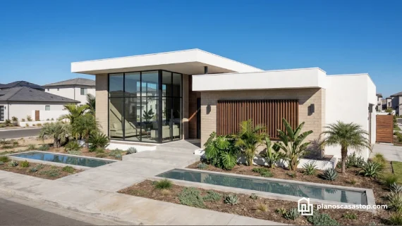Modernos planos de casa de 1 piso con fachada minimalista, grandes ventanales de vidrio y jardinería con espejos de agua.