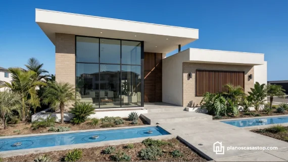 Fachada moderna de planos de casa de 1 piso con grandes ventanales de vidrio, acabados en piedra y jardines con fuentes.