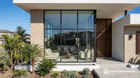 Fachada moderna con ventanales y ladrillo para planos de casa de 1 piso con diseño arquitectónico contemporáneo y elegante.