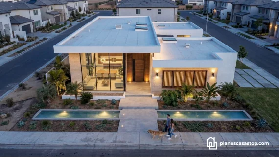 Fachada moderna de planos de casa de 1 piso con grandes ventanales, techo plano, iluminación cálida y espejos de agua frontales.