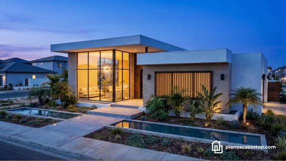 Planos de casa de 1 piso Porta con fachada moderna, grandes ventanales de vidrio, iluminación cálida y espejos de agua.
