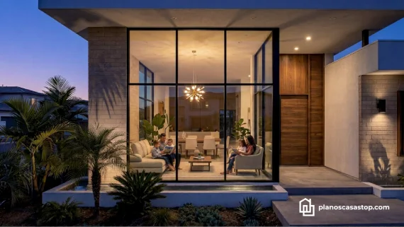 Fachada moderna de planos de casa de 1 piso Porta con grandes ventanales, muros de piedra y una cálida iluminación nocturna.