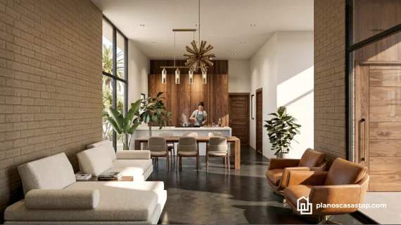 Sala y cocina moderna con ladrillo visto y ventanales según los planos de casa de 1 piso Porta con diseño de concepto abierto.