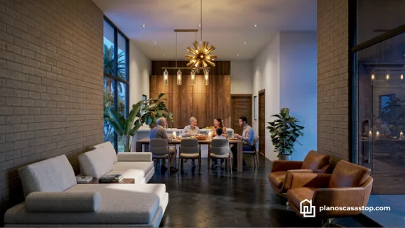 Interior moderno de planos de casa de 1 piso Porta con familia cenando, paredes de ladrillo y lámparas de diseño elegante.