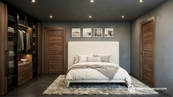 Dormitorio moderno en planos de casa de 1 piso Porta con paredes grises, clóset de madera y cama blanca elegante.