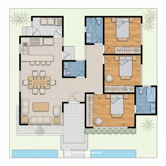 Planos de casa de 1 piso Porta que muestran tres habitaciones, sala comedor integrada y acabados modernos en madera y cerámica.