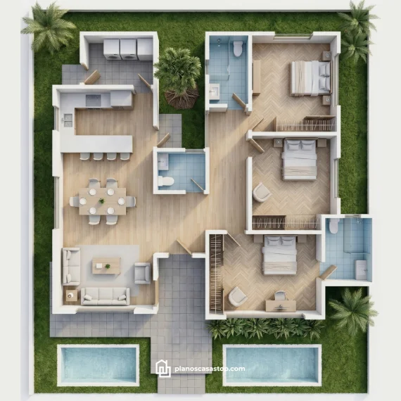 Render 3D de planos de casa de 1 piso Porta con tres dormitorios, cocina abierta, pisos de madera y jardín perimetral.