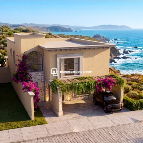 Planos de casa colonial Sauce: Elegancia y Vista al Mar Render de Planos de casa colonial Sauce con fachada de piedra, pérgola con flores y vista panorámica al mar Mediterráneo.