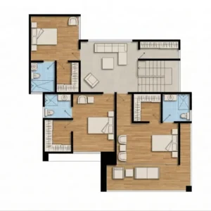 Planos de casa moderna Vallarta con tres recámaras, pisos de madera, baños integrados y amplia sala de estar abierta.