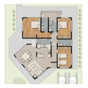 Vista superior de planos de casa de 1 piso con tres dormitorios, pisos de madera, zona social amplia y dos espacios de parking.